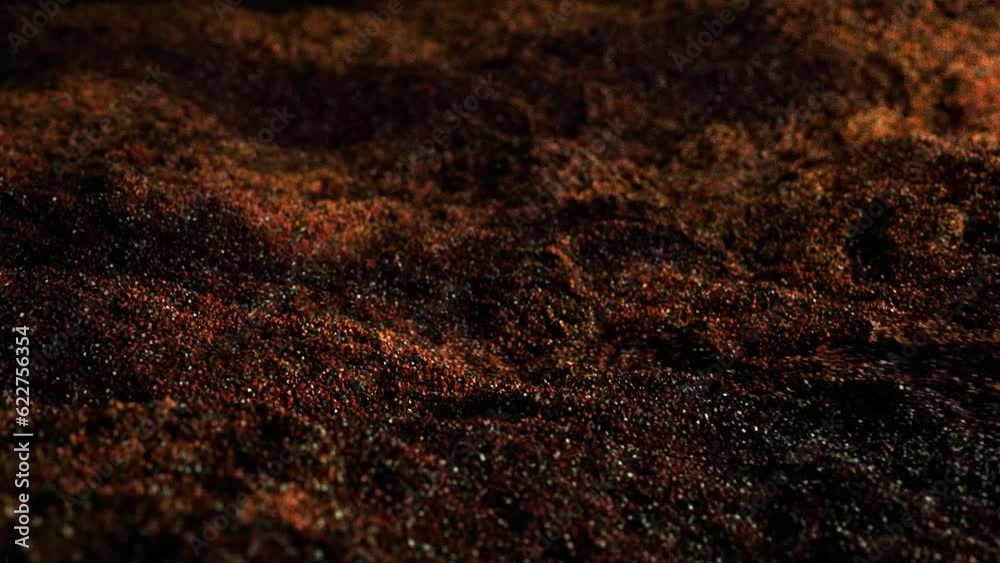 Luxurious flow of particles on a dark background. Quicksand. Whirlwinds stream of sand, grains and small pebbles. Fluid ink particles in slow motion. Sophisticated and high end. 3d vj animation