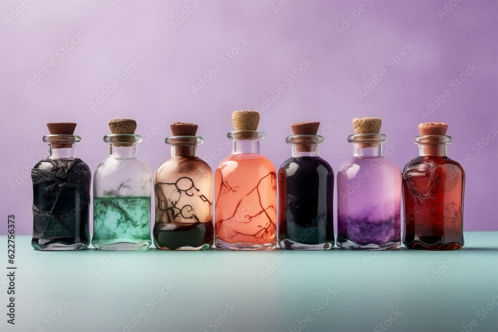 Magic potions in a row on pastel background Magic potions in a row on pastel background