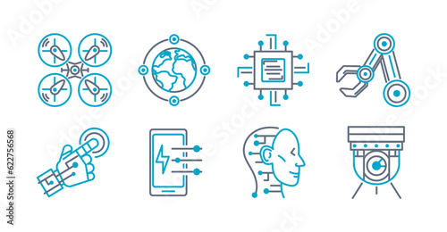 Technology icon set stroke line . 5g, ai, power, robot, drone, connected and security. Great for websites and social media