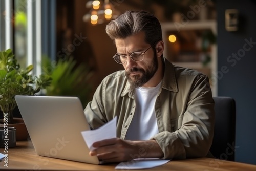 The depressed young Caucasian man sitting at home office desk on laptop reading documents Millennial men get distracted from computer work. Consider posting paperwork or news correspondents