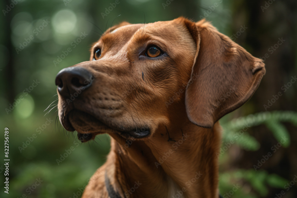 photo of Dogs face against a green forest backgroud