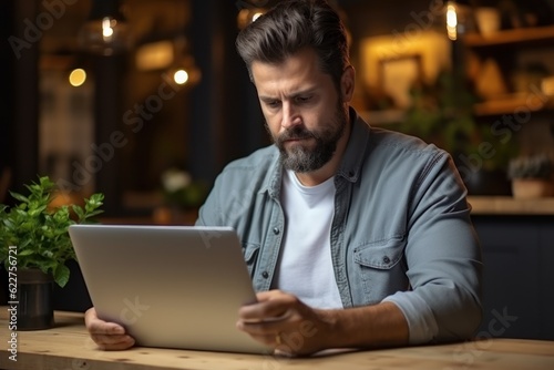 The depressed young Caucasian man sitting at home office desk on laptop reading documents Millennial men get distracted from computer work. Consider posting paperwork or news correspondents