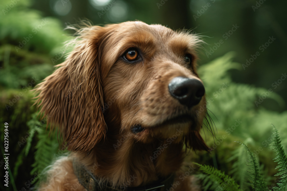 photo of Dogs face against a green forest backgroud
