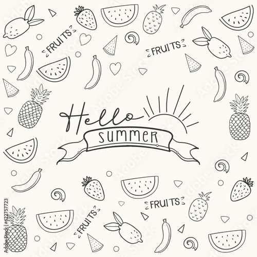 Doodle collection of Hand drawn summer fruits with watermelon pineapple banana strawberry and orange
