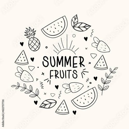 Hand drawn summer fruits frame with watermelon and strawberry