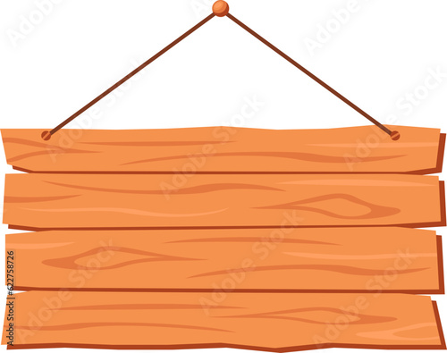 Hanging wood board sign, rustic cartoon signpost or billboard, notice and information theme