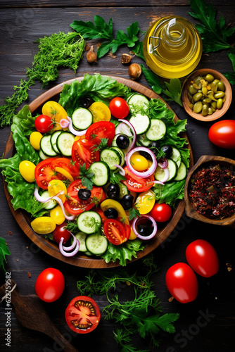 Vibrant top-down shot of a healthy, fresh salad on a rustic wooden table, perfect for showcasing recipes and healthy diets © Saran