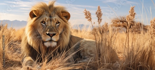 Wildlife safari landscape, african lions animals africa banner panorama long - Lying lion in a park in namibia  (Generative Ai)