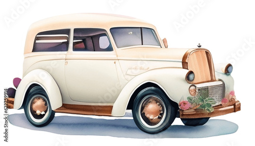 Retro car illustration - watercolor - vintage car - wedding car - just married car - boho floral png - transparent background - Generative AI