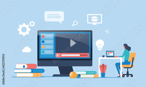 Business flat vector people using video in online learning meeting conference and working concept