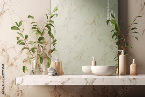 Template for spa product presentation. Pedestal of marble slabs and branches with green leaves against background of wall in bathroom with masonry in light beige colors. Ai generative.