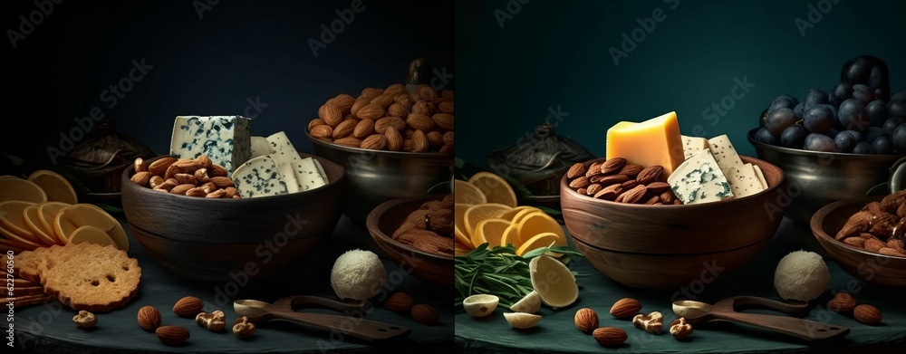 AI generated illustration of various nuts and food items displayed in bowls