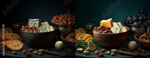 AI generated illustration of various nuts and food items displayed in bowls