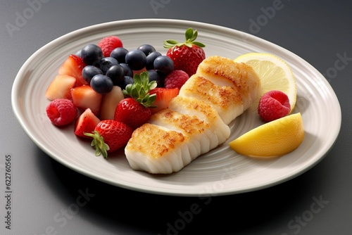 AI generated illustration of a freshly cooked fish served with berries and lemons on a plate