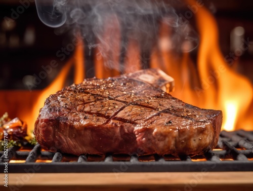 Delicious t-bone steak cooked to perfection on a flame grilled BBQ. AI Generated Art