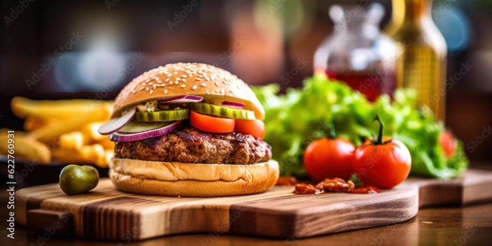 Ai generated illustration of a delicious hamburger on a wooden board Ai generated illustration of a delicious hamburger on a wooden board