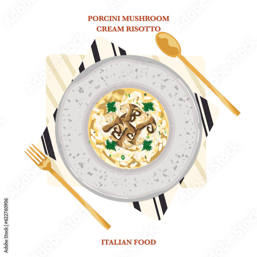 Porcini mushroom cream risotto in a plate, vector illustration, top view, white background food composition.