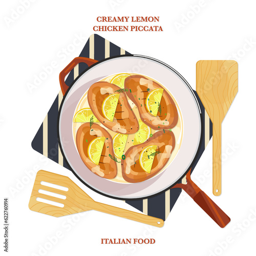 Creamy lemon chicken piccata in a pan, vector illustration, top view, food elements collection white background.