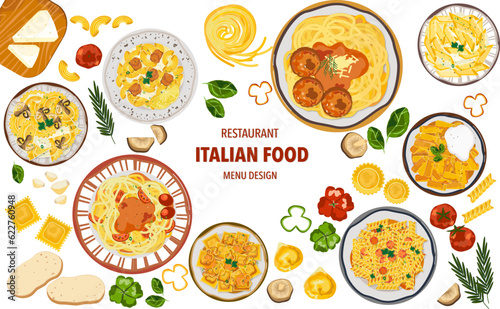 Top view frame of Italian food, classic Italian food set with pasta and meatballs, vegetables, hand drawn vector sketch design template.