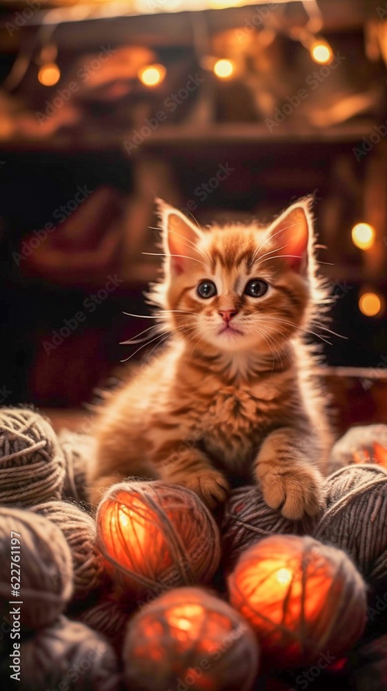 AI generated illustration of a kitten lying on a comfortable bed, surrounded by balls of yarn