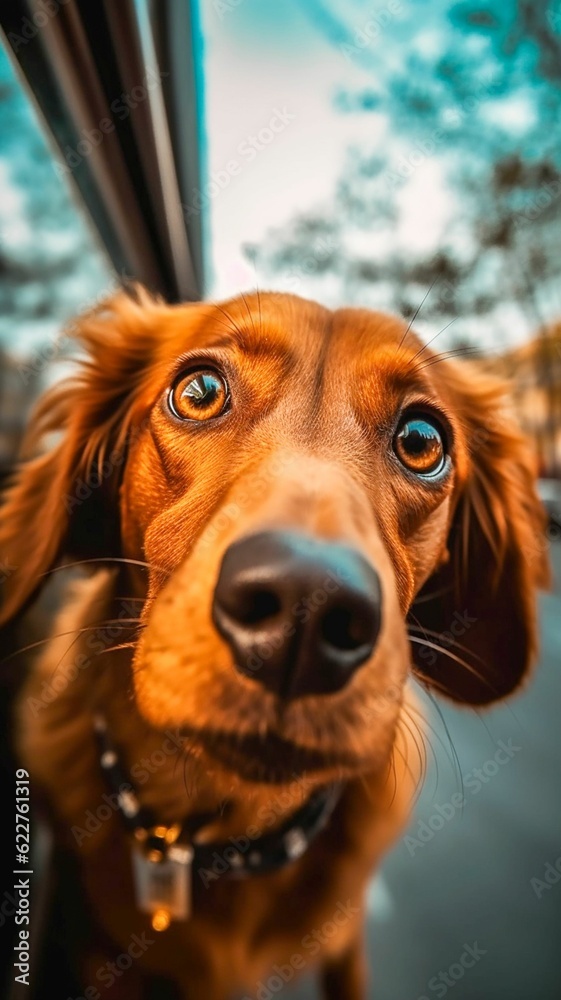 AI generated illustration of an affectionate brown-colored canine peering out the window of a car