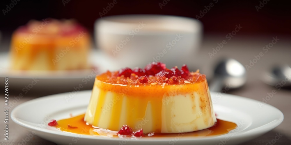 AI generated illustration of an appetizing and sumptuous creme caramel dessert in a white plate AI generated illustration of an appetizing and sumptuous creme caramel dessert in a white plate