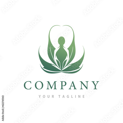 Leaf yoga logo, nature green abstract. Health spa meditation harmony logotype concept. Design template vector illustration