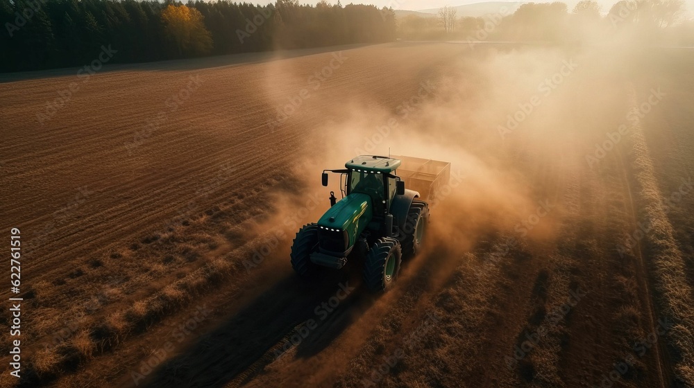 AI generated illustration of an aerial view of a tractor plowing a field AI generated illustration of an aerial view of a tractor plowing a field
