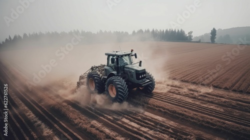 AI generated illustration of a tractor plowing a large expanse of land