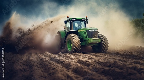 AI generated illustration of an agricultural tractor parked in the center of a rural farmland photo