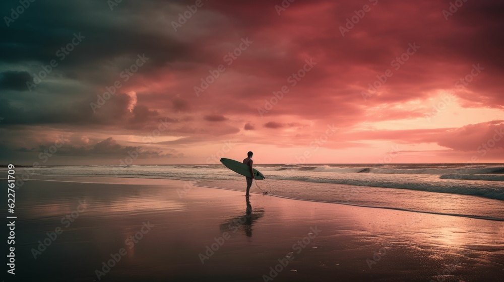 Surfer in front of a beach at sunset, AI-generated.