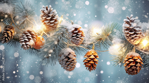Christmas Decoration Banner, Snowy Pine Cones On Fir Branch, Festive background 