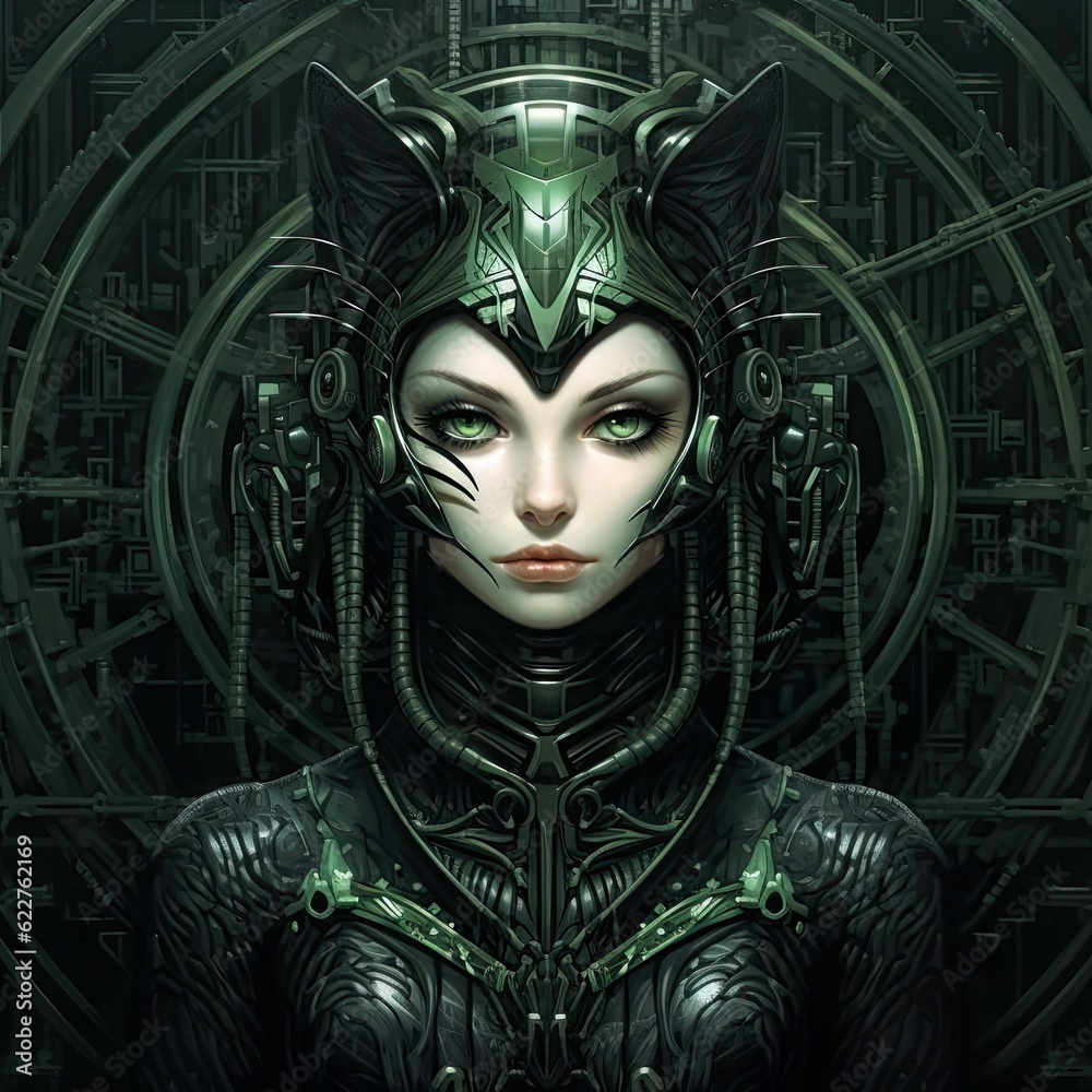 AI generated cyberpunk woman in cat metal suit
