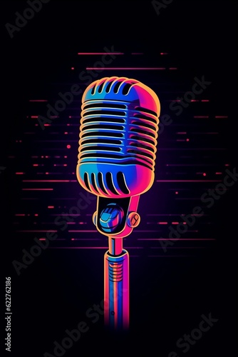 AI generated microphone with a neon-colored design on a black background
