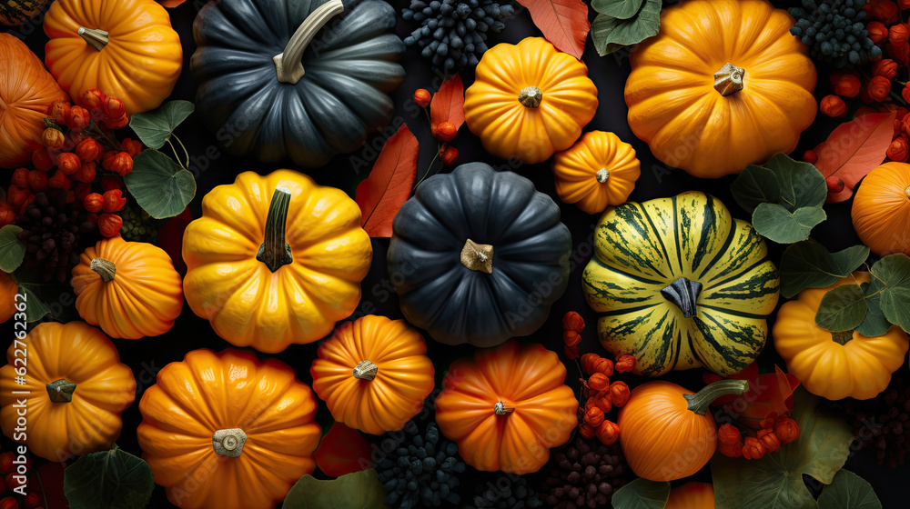 Fototapeta premium Thanksgiving concept. Pumpkins harvest top view,