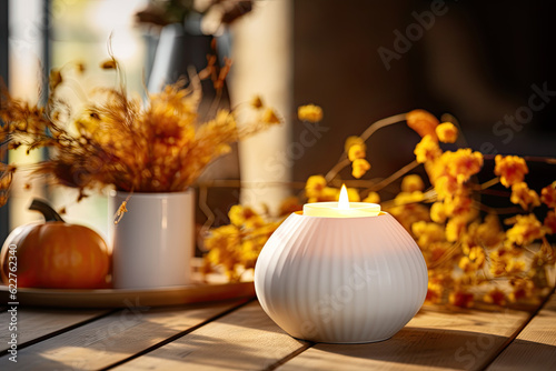A pastel orange candle in a white holder, on a wooden table , autumn composition