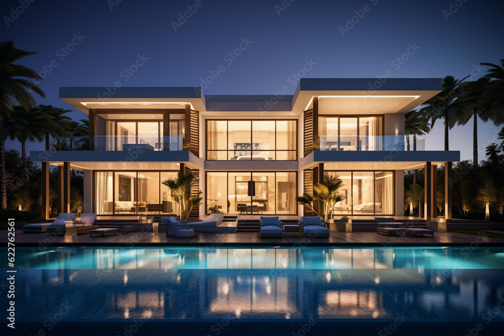 modern villa with swimming pool, generative ai