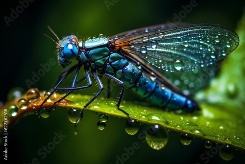 AI generated illustration of a macro of a dragonfly perched on a green leaf © Jumboline/Wirestock Creators