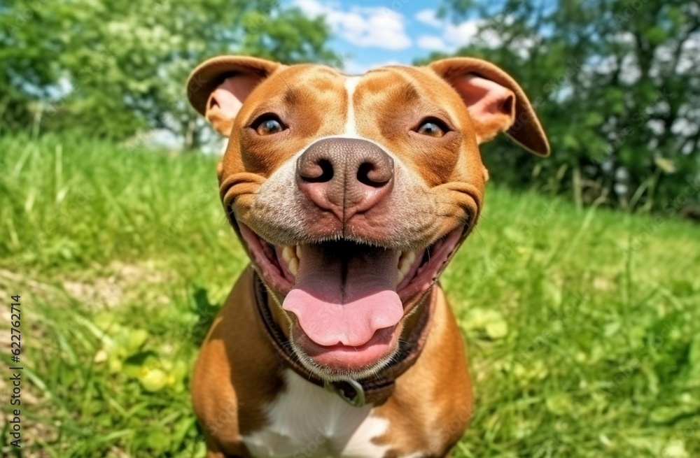 Happy, brown pit bull sitting in a grassy field, looking directly at the camera. AI-generated.