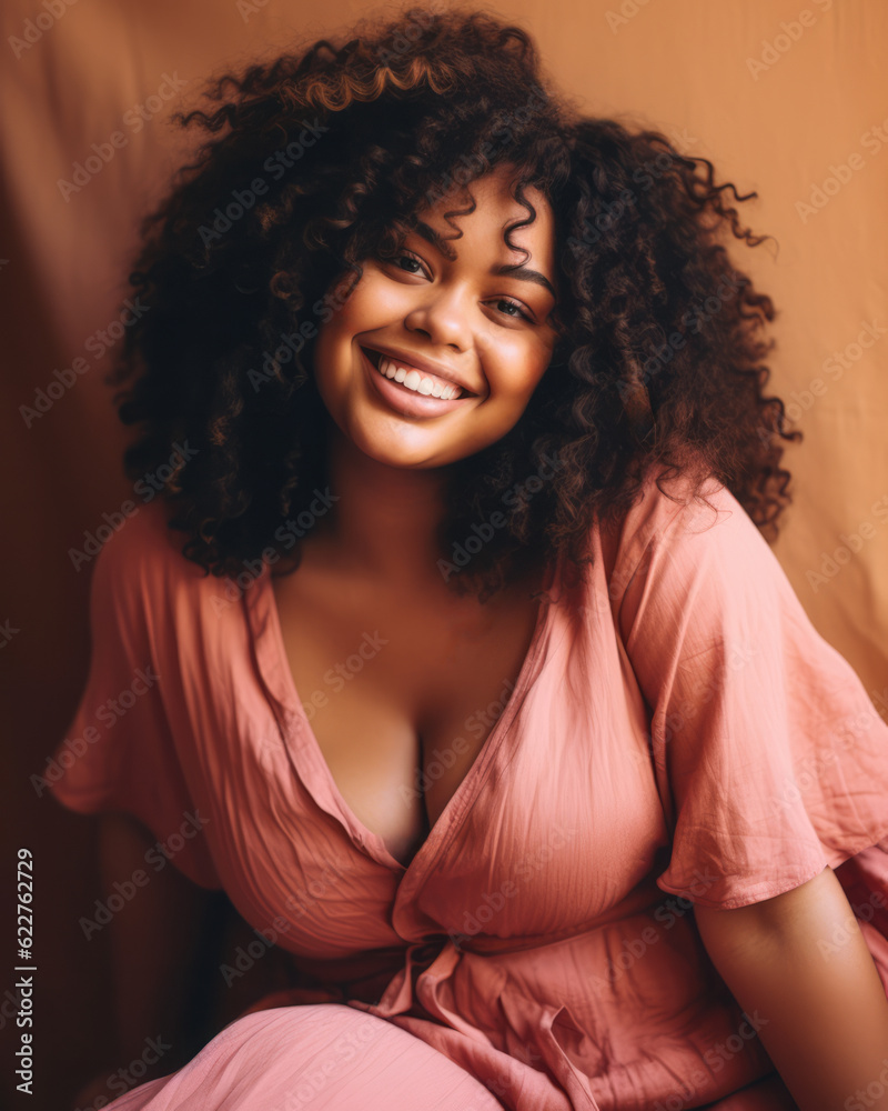Close up of a joyful plus size African American young woman laughing with a light pink color background. Generative AI Close up of a joyful plus size African American young woman laughing with a light pink color background. Generative AI