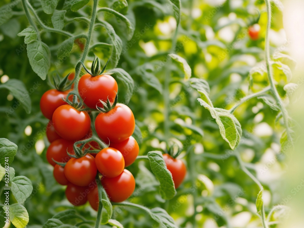 Ripe tomatoes on green branch. Home grown tomato vegetables growing on vine in greenhouse. Autumn vegetable harvest on organic farm.