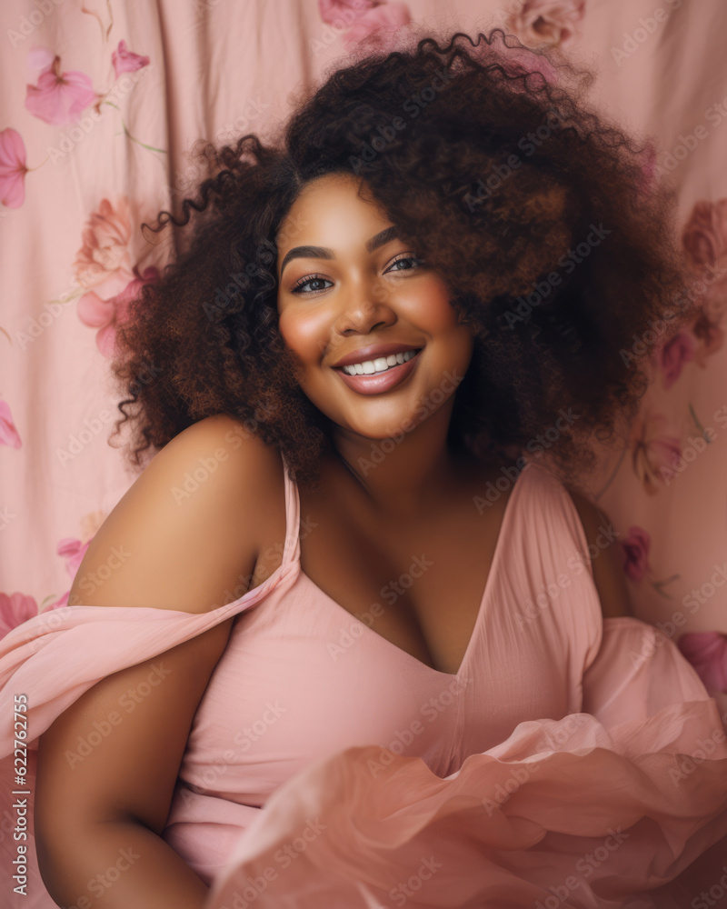 Close up of a joyful plus size African American young woman laughing with a light pink color background. Generative AI Close up of a joyful plus size African American young woman laughing with a light pink color background. Generative AI