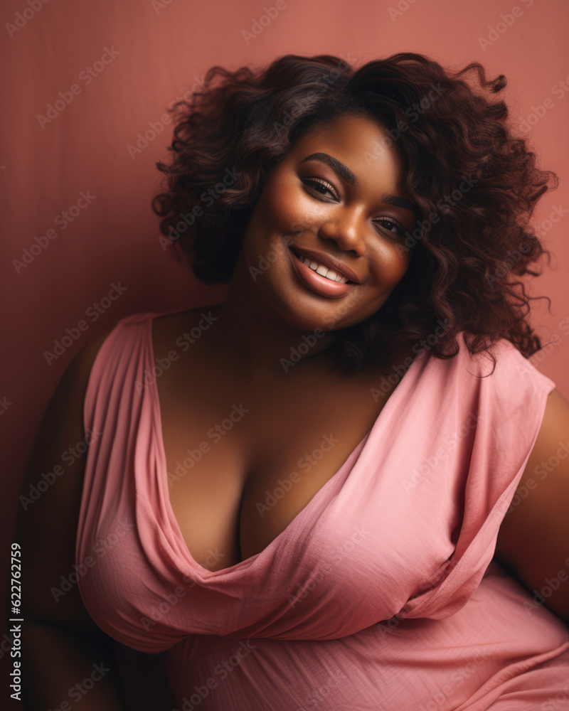 Close up of a joyful plus size African American young woman laughing with a light pink color background. Generative AI Close up of a joyful plus size African American young woman laughing with a light pink color background. Generative AI