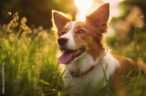 Cute Corgi in a green grassy meadow illuminated by warm sunlight. AI-generated.