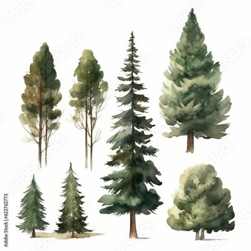 AI generated illustration of an artistic landscape featuring a collection of watercolor trees