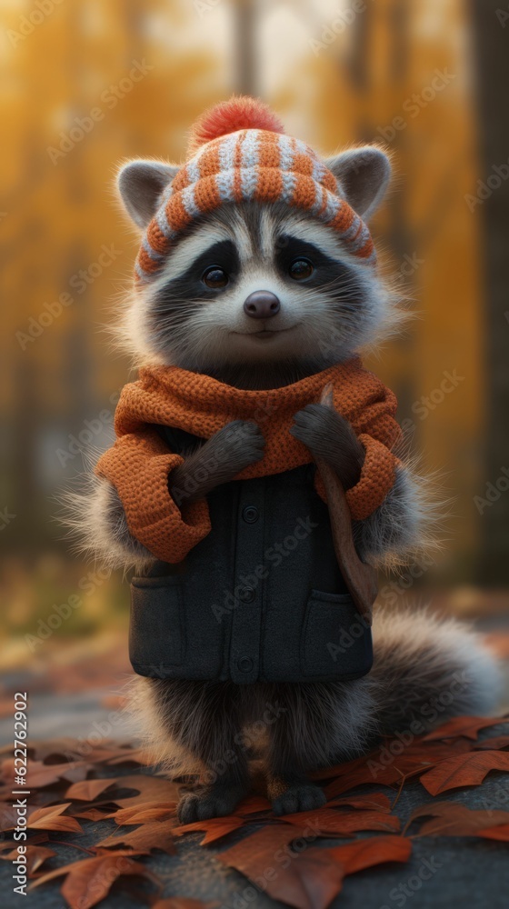 Obraz premium AI generated illustration of a raccoon pictured wearing a hat, jacket and scarf
