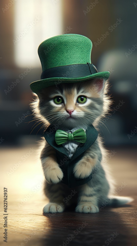 AI generated illustration of a cute kitten wearing a green hat on its head
