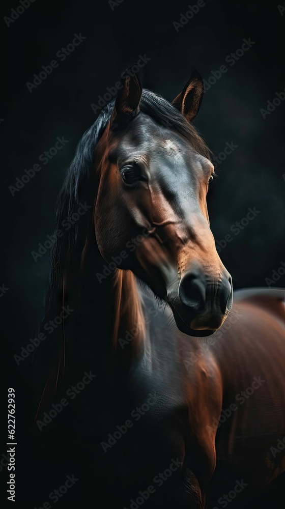 AI generated illustration of a horse against a black background in low lighting
