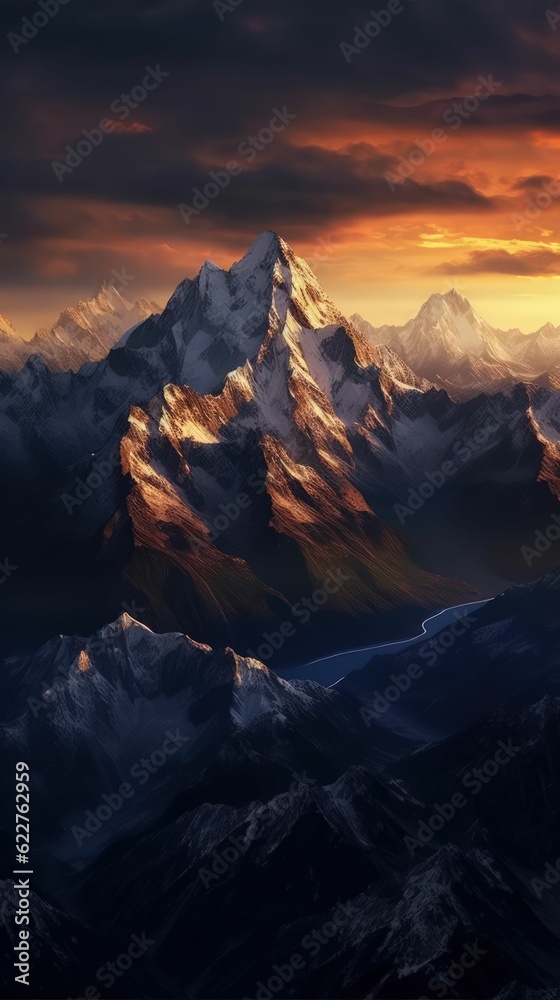 AI generated illustration of snow-covered mountains in the evening twilight