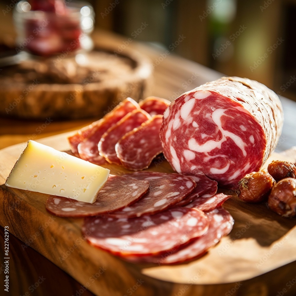 AI generated illustration of sliced salami and cheese arranged on a wooden tray on a table AI generated illustration of sliced salami and cheese arranged on a wooden tray on a table